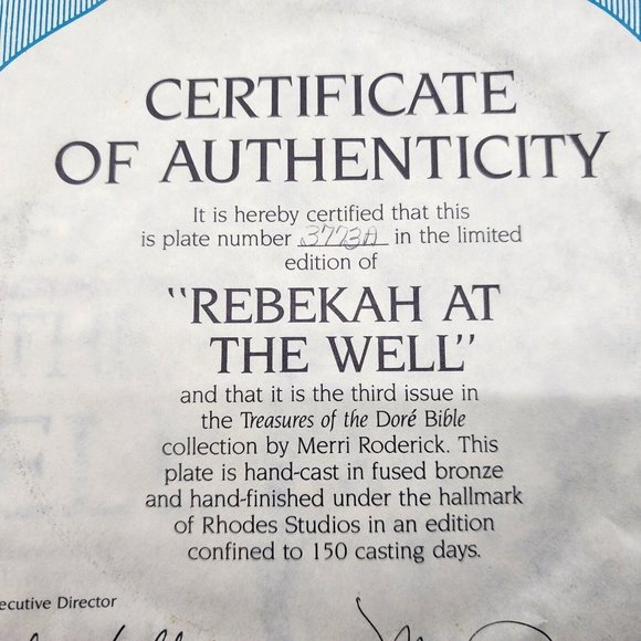 Rhodes Studios Rebekah at the Well 3D Plate w COA 3773A Bronze 8 in VTG 1987 - Picture 15 of 16